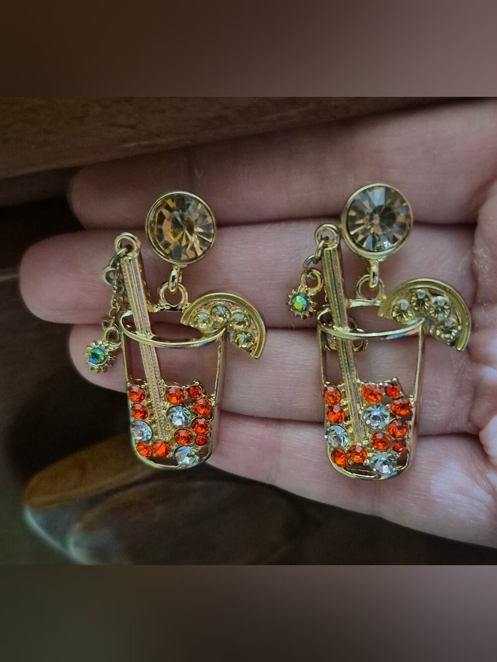 Gold Tone  Cocktail Drink Rhinestone Dangle Earrings
